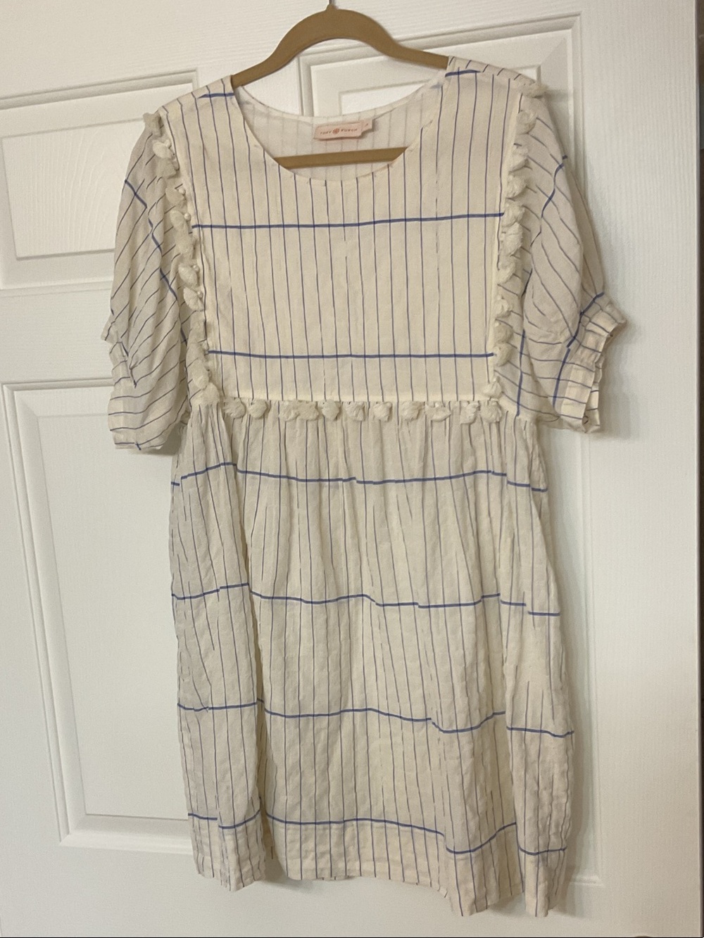 Tory Burch Cream Dress with Blue Pinstripes and Pom Trim